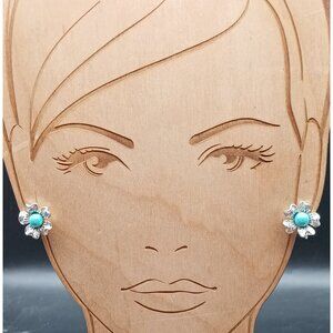 Sarah Coventry Blue Note Flower Clip-On Earrings Silver Tone Turquoise Center